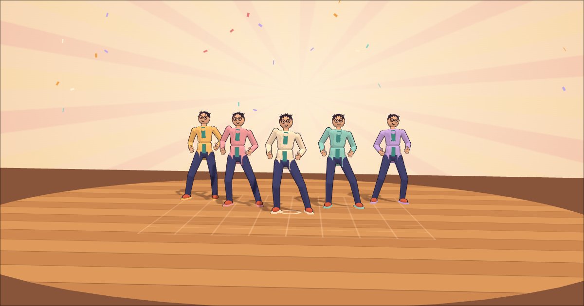 The 3D dancers mid-move on a sunburst stage